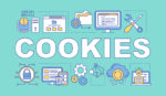 Illustration of the word "Cookies" with imagery of data tracking and security.