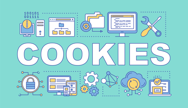 Illustration of the word "Cookies" with imagery of data tracking and security.
