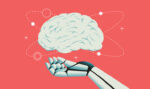 Robot hand holding human brain demonstrating AI concept