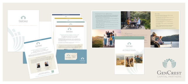 Financial services rebranding for GenCrest Capital Partners – logo, business cards, and various brand identity materials