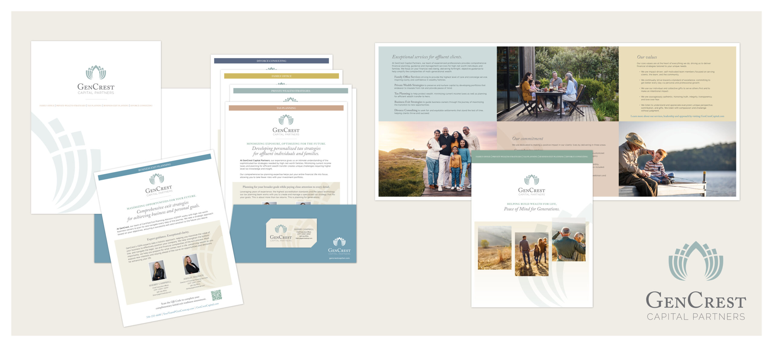 Financial services rebranding for GenCrest Capital Partners – logo, business cards, and various brand identity materials